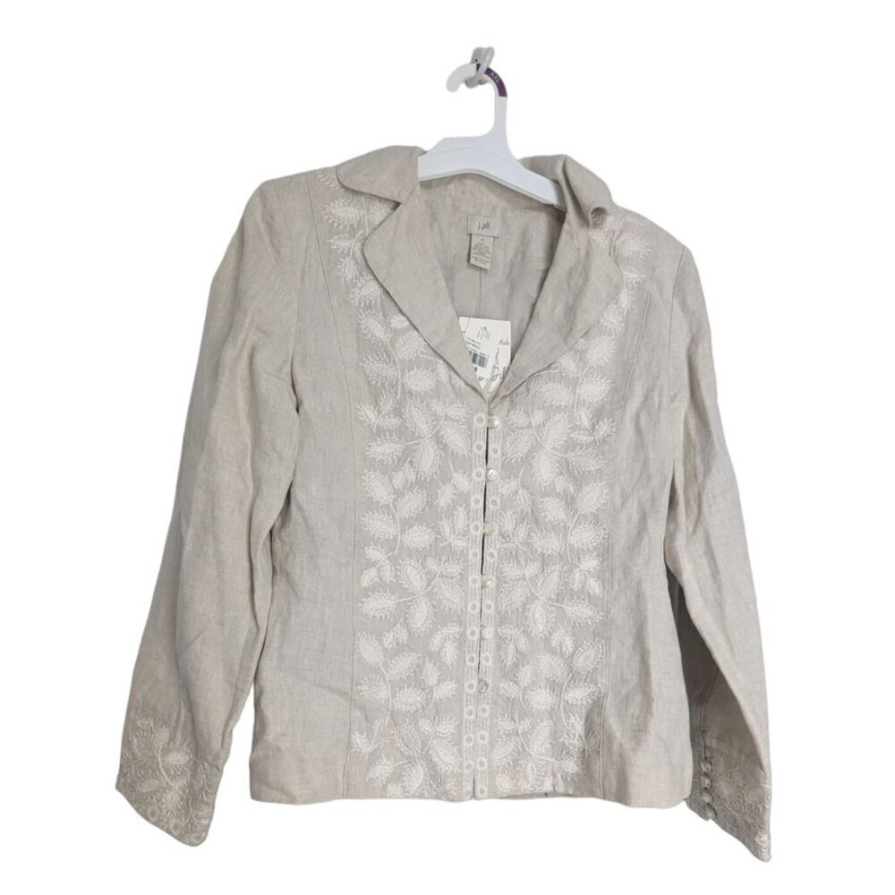 J.Jill Women 100% Linen Blazer Jacket Lined Embroidered Button Front Size 8 -NEW